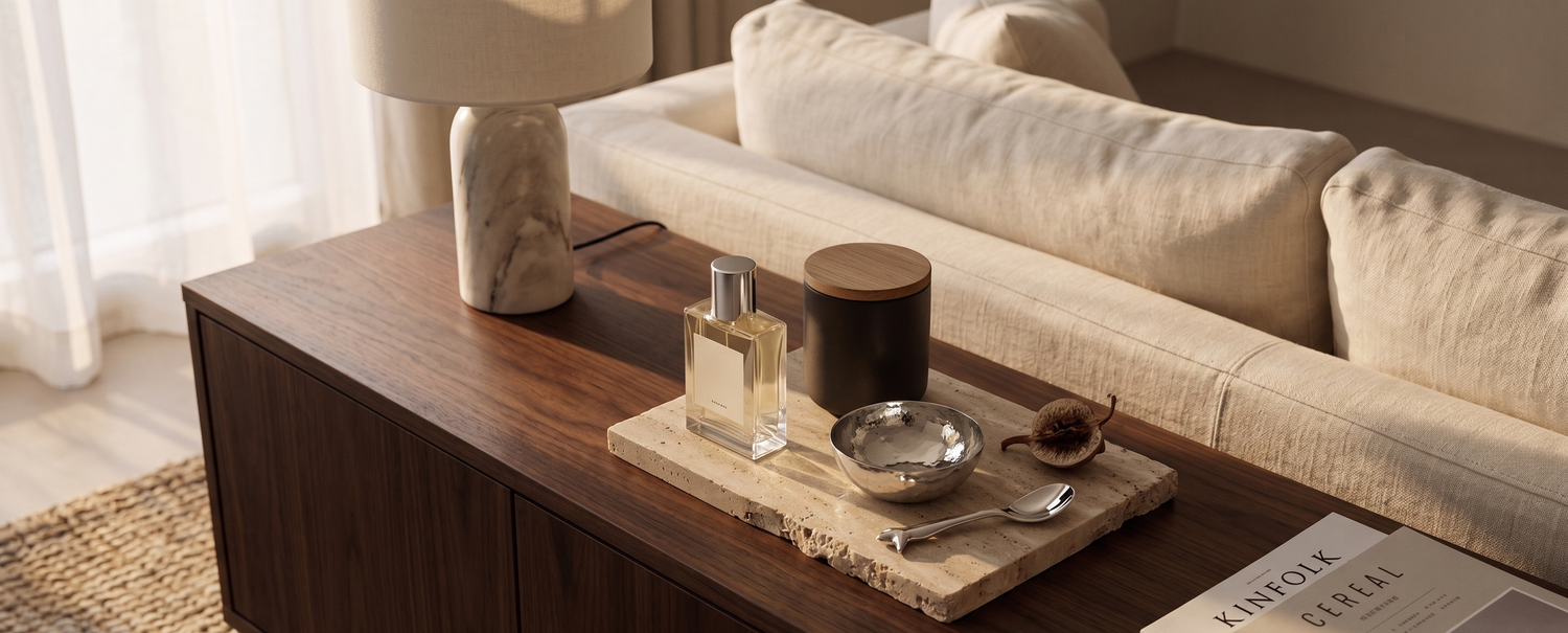 Considered objects and fragrance in a calm living room